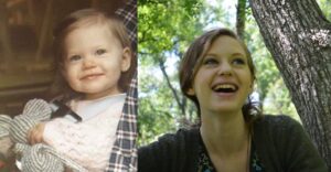 A side by side comparison of a photo of a toddler and a photo of a young lady smiling
