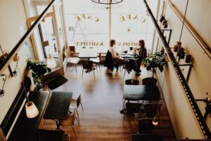 birds eye view of a coffee shop where two people are at a table facing eachother