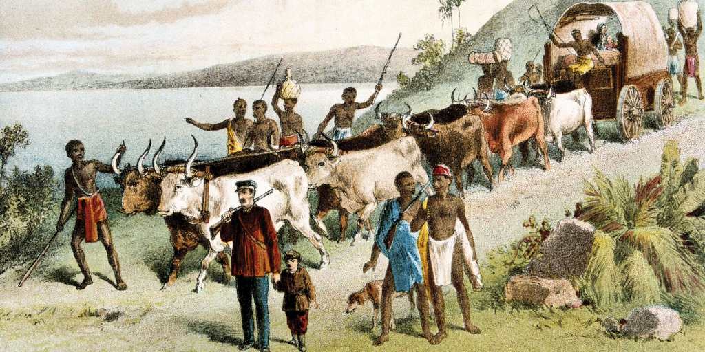 A painting of people herding cattle