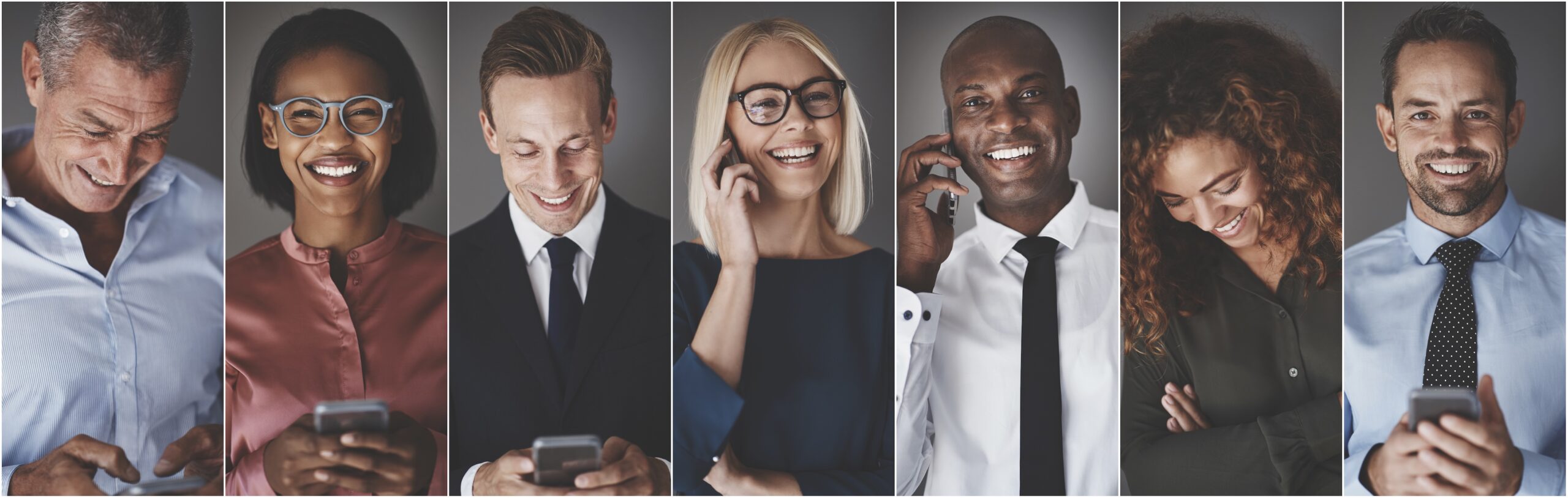 Collage of a group of diverse businesspeople smiling while sending text messages or talking on their cellphones